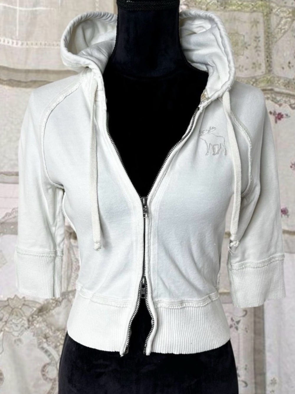 Y2K Abercrombie & Fitch Off White Cropped Hoodie - Double Zip Moose Logo - Large